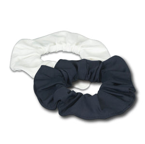 Showing scrunchies in black and white made with Zinc antimicrobial fabric. Soft and comfortable. Kills odor causing bacteria, fungus, and microbes